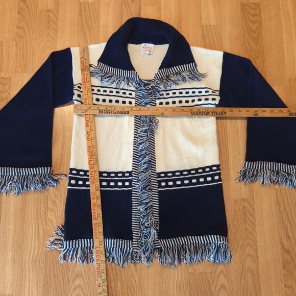 Vintage Omond Fashions Cardigan Sweater Womens Medium Blue White Fringe - Picture 2 of 7